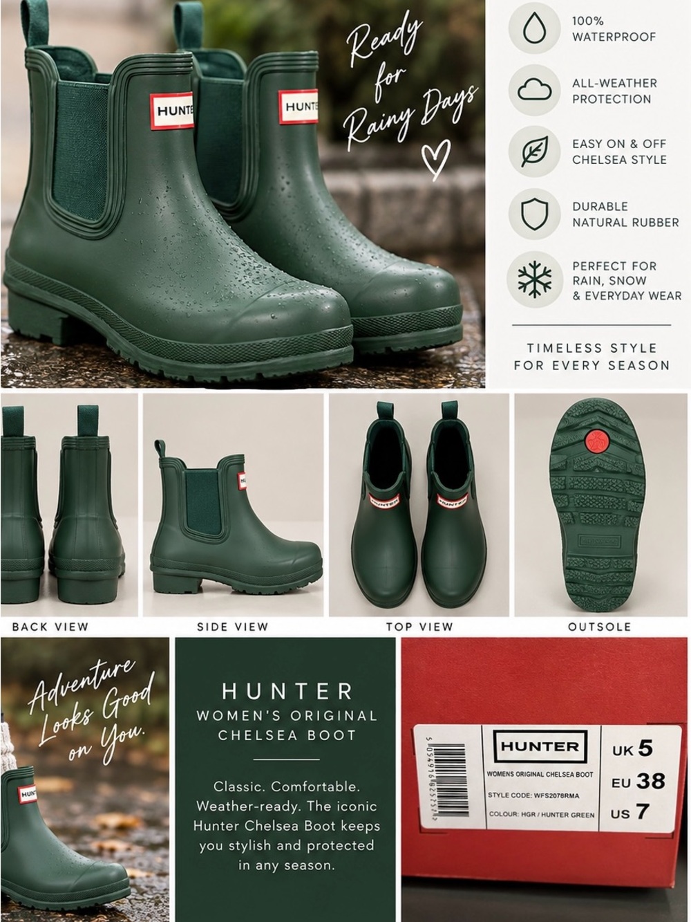 Hunter Women's Original Chelsea Rain Boots in Hunter Green